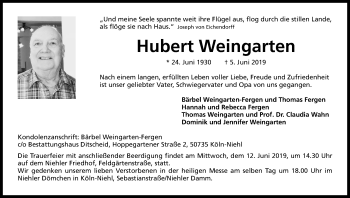 Anzeige von Hubert Weingarten von Kölner Stadt-Anzeiger / Kölnische Rundschau / Express