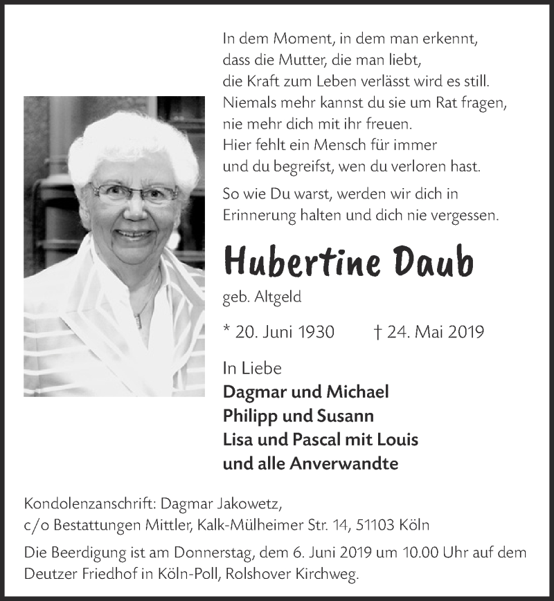  Traueranzeige für Hubertine Daub vom 05.06.2019 aus  Kölner Wochenspiegel 