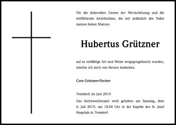 Anzeige von Hubertus Grützner von Kölner Stadt-Anzeiger / Kölnische Rundschau / Express