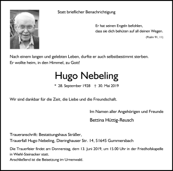 Anzeige von Hugo Nebeling von Kölner Stadt-Anzeiger / Kölnische Rundschau / Express