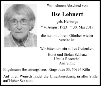 Anzeige von Ilse Lehnert von Kölner Stadt-Anzeiger / Kölnische Rundschau / Express