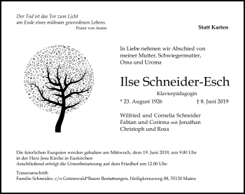 Anzeige von Ilse Schneider-Esch von Kölner Stadt-Anzeiger / Kölnische Rundschau / Express