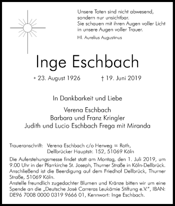 Anzeige von Inge Eschbach von Kölner Stadt-Anzeiger / Kölnische Rundschau / Express