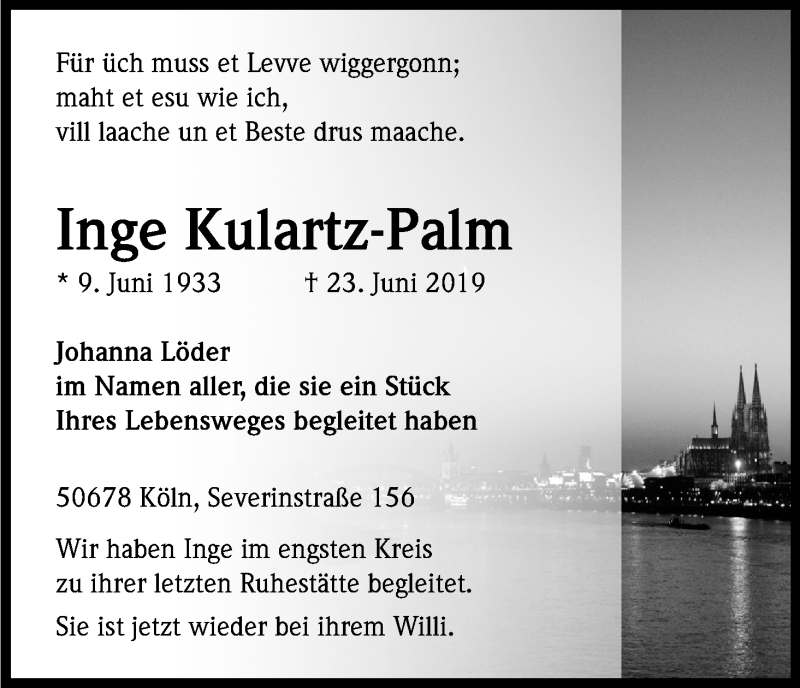  Traueranzeige für Inge Kulartz-Palm vom 29.06.2019 aus Kölner Stadt-Anzeiger / Kölnische Rundschau / Express