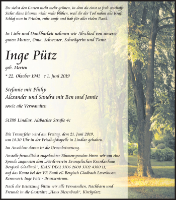 Anzeige von Inge Pütz von Kölner Stadt-Anzeiger / Kölnische Rundschau / Express