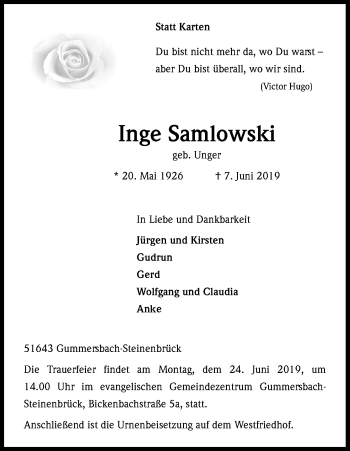 Anzeige von Inge Samlowski von Kölner Stadt-Anzeiger / Kölnische Rundschau / Express