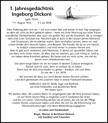Anzeige von Ingeborg Dickoré von Kölner Stadt-Anzeiger / Kölnische Rundschau / Express