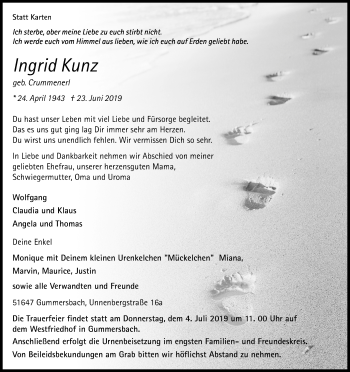Anzeige von Ingrid Kunz von Kölner Stadt-Anzeiger / Kölnische Rundschau / Express