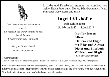 Anzeige von Ingrid Vilshöfer von Kölner Stadt-Anzeiger / Kölnische Rundschau / Express