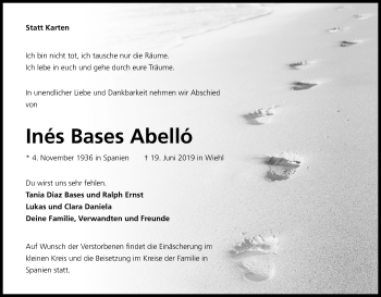 Anzeige von Inés Bases Abelló von Kölner Stadt-Anzeiger / Kölnische Rundschau / Express