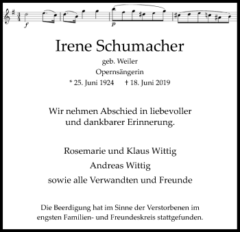 Anzeige von Irene Schumacher von Kölner Stadt-Anzeiger / Kölnische Rundschau / Express