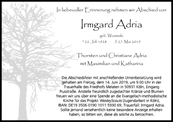 Anzeige von Irmgard Adria von Kölner Stadt-Anzeiger / Kölnische Rundschau / Express