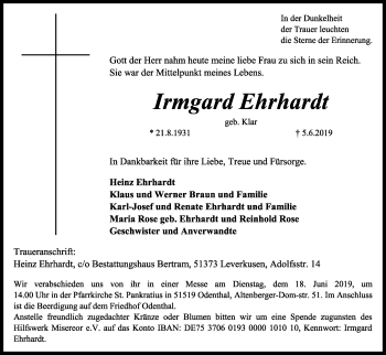 Anzeige von Irmgard Ehrhardt von Kölner Stadt-Anzeiger / Kölnische Rundschau / Express