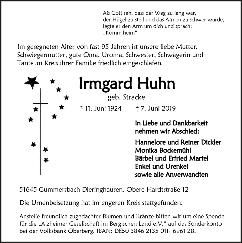  Traueranzeige für Irmgard Huhn vom 19.06.2019 aus  Anzeigen Echo 