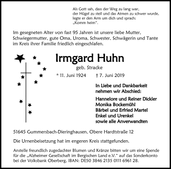 Anzeige von Irmgard Huhn von Kölner Stadt-Anzeiger / Kölnische Rundschau / Express