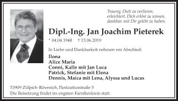 Anzeige von Jan Joachim Pieterek von  Blickpunkt Euskirchen 