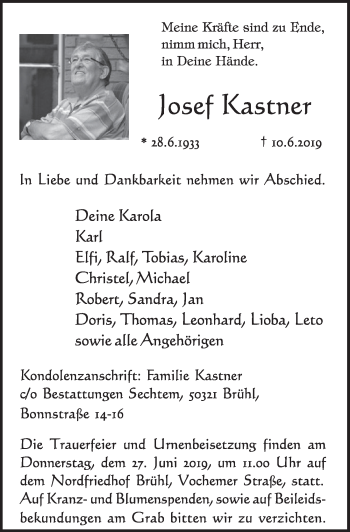 Anzeige von Josef Kastner von  Schlossbote/Werbekurier 
