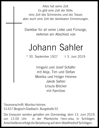 Anzeige von Johann Sahler von Kölner Stadt-Anzeiger / Kölnische Rundschau / Express
