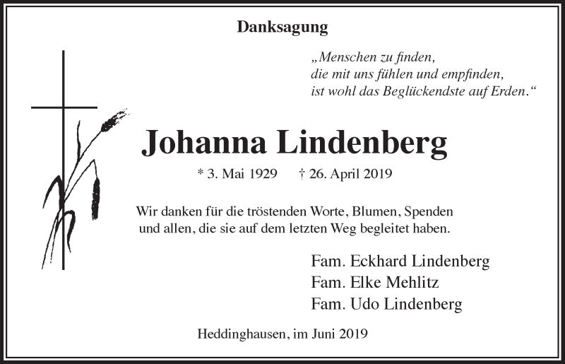  Traueranzeige für Johanna Lindenberg vom 12.06.2019 aus  Lokalanzeiger 