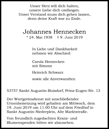 Anzeige von Johannes Hennecken von Kölner Stadt-Anzeiger / Kölnische Rundschau / Express