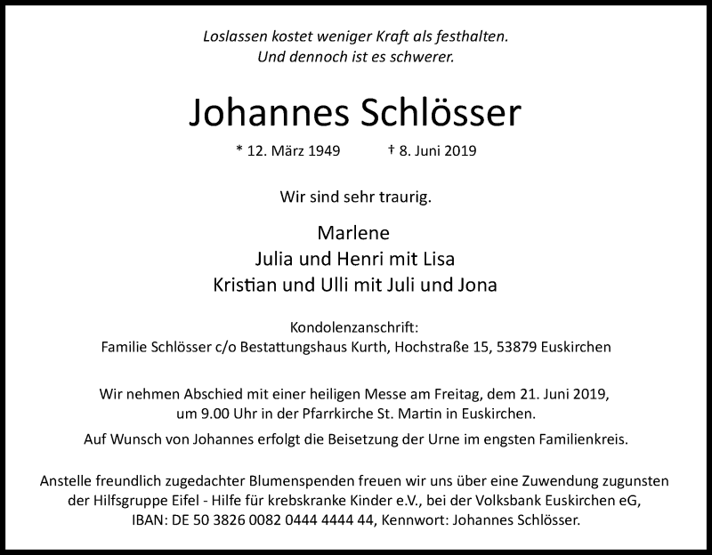  Traueranzeige für Johannes Schlösser vom 15.06.2019 aus Kölner Stadt-Anzeiger / Kölnische Rundschau / Express
