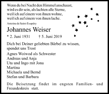 Anzeige von Johannes Weiser von Kölner Stadt-Anzeiger / Kölnische Rundschau / Express