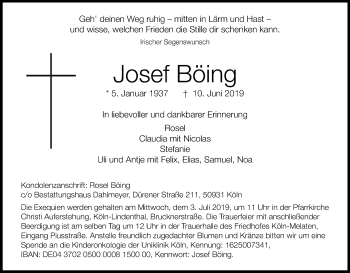 Anzeige von Josef Böing von Kölner Stadt-Anzeiger / Kölnische Rundschau / Express