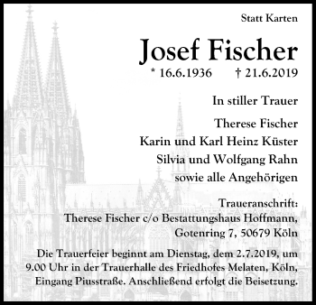 Anzeige von Josef Fischer von Kölner Stadt-Anzeiger / Kölnische Rundschau / Express
