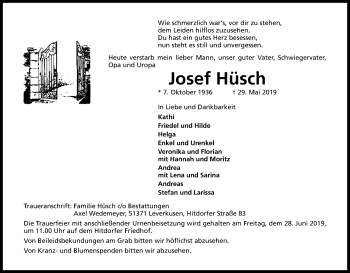 Anzeige von Josef Hüsch von Kölner Stadt-Anzeiger / Kölnische Rundschau / Express