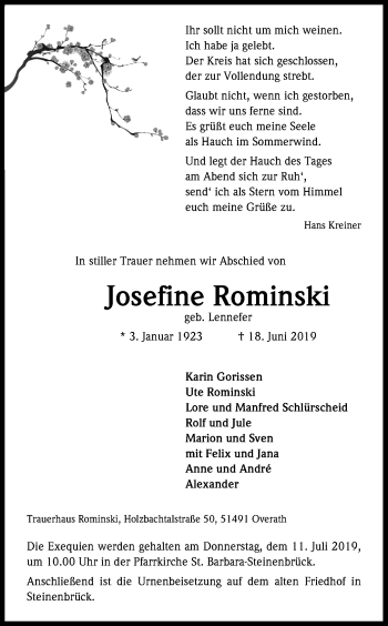 Anzeige von Josefine Rominski von Kölner Stadt-Anzeiger / Kölnische Rundschau / Express