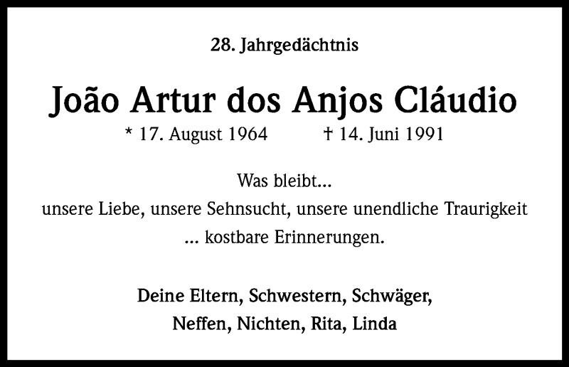  Traueranzeige für Joäo Artur dos Anjos Cläudio vom 15.06.2019 aus Kölner Stadt-Anzeiger / Kölnische Rundschau / Express