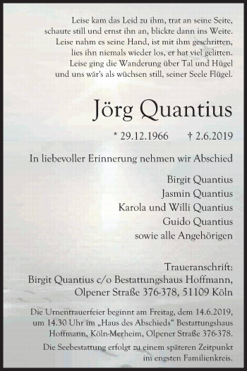 Anzeige von Jörg Quantius von Kölner Stadt-Anzeiger / Kölnische Rundschau / Express