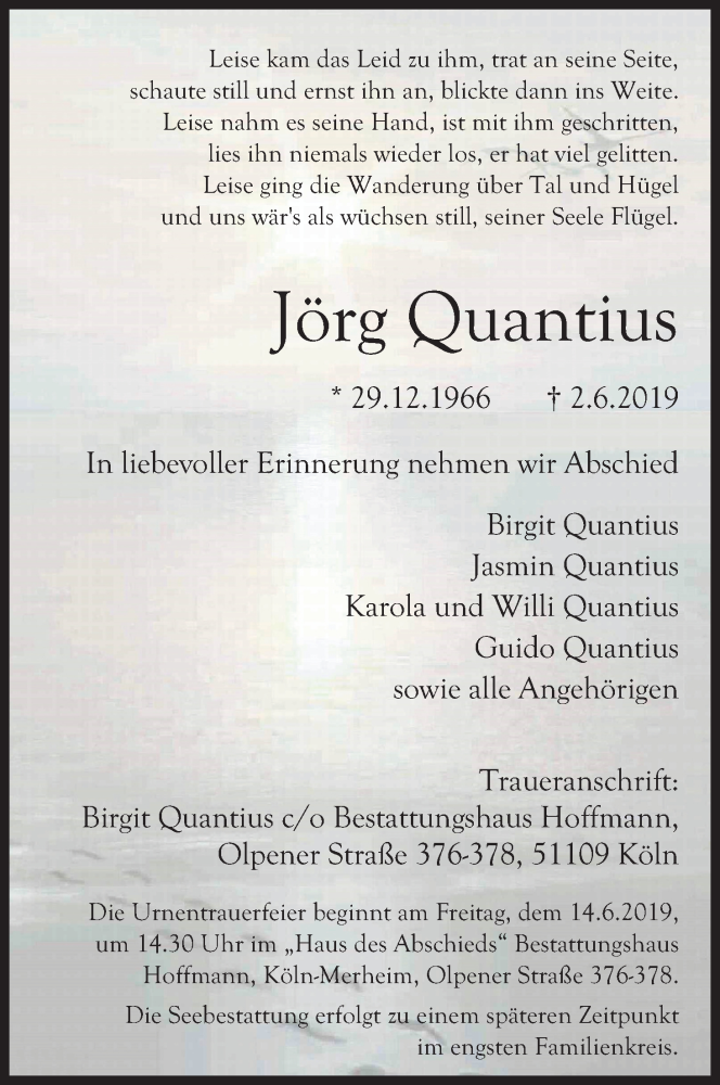  Traueranzeige für Jörg Quantius vom 08.06.2019 aus Kölner Stadt-Anzeiger / Kölnische Rundschau / Express