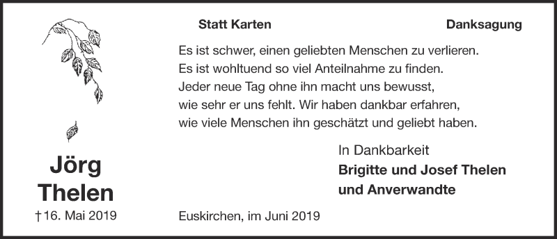  Traueranzeige für Jörg Thelen vom 22.06.2019 aus  Blickpunkt Euskirchen 