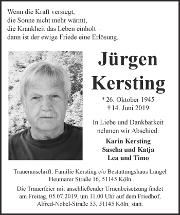 Anzeige von Jürgen Kersting von  Kölner Wochenspiegel 
