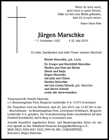 Anzeige von Jürgen Marschke von Kölner Stadt-Anzeiger / Kölnische Rundschau / Express
