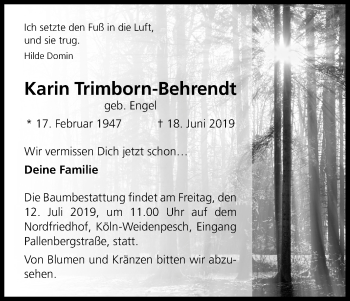 Anzeige von Karin Trimborn-Behrendt von Kölner Stadt-Anzeiger / Kölnische Rundschau / Express