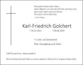 Anzeige von Karl-Friedrich Golchert von  Blickpunkt Euskirchen 
