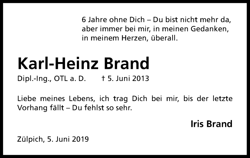  Traueranzeige für Karl-Heinz Brand vom 05.06.2019 aus Kölner Stadt-Anzeiger / Kölnische Rundschau / Express