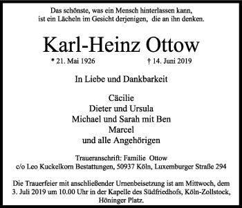 Anzeige von Karl-Heinz Ottow von Kölner Stadt-Anzeiger / Kölnische Rundschau / Express