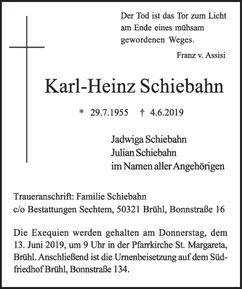 Anzeige von Karl-Heinz Schiebahn von  Schlossbote/Werbekurier 