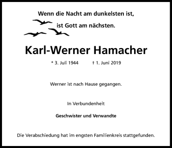 Anzeige von Karl-Werner Hamacher von Kölner Stadt-Anzeiger / Kölnische Rundschau / Express