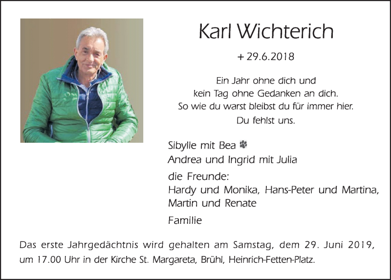  Traueranzeige für Karl Wichterich vom 18.07.2023 aus  Schlossbote/Werbekurier 