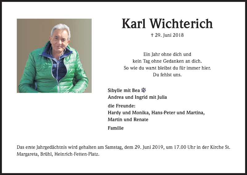  Traueranzeige für Karl Wichterich vom 18.07.2023 aus Kölner Stadt-Anzeiger / Kölnische Rundschau / Express