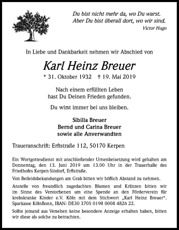 Anzeige von Karl Heinz Breuer von Kölner Stadt-Anzeiger / Kölnische Rundschau / Express