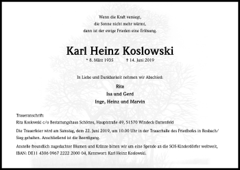 Anzeige von Karl Heinz Koslowski von Kölner Stadt-Anzeiger / Kölnische Rundschau / Express