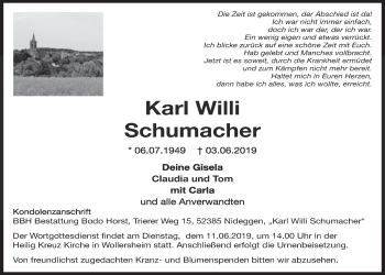 Anzeige von Karl Willi Schumacher von  Blickpunkt Euskirchen 
