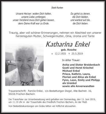 Anzeige von Katharina Enkel von  Wochenende 
