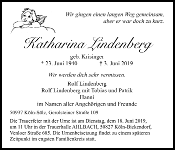 Anzeige von Katharina Lindenberg von Kölner Stadt-Anzeiger / Kölnische Rundschau / Express