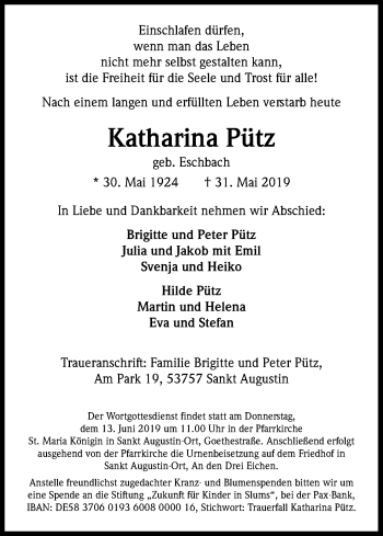 Anzeige von Katharina Pütz von Kölner Stadt-Anzeiger / Kölnische Rundschau / Express